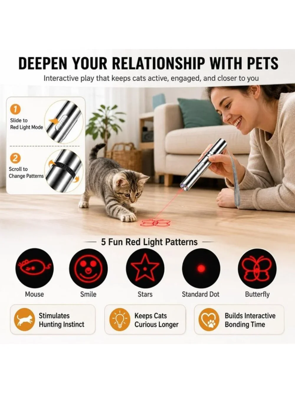 Interactive Cat Toy Set - USB Rechargeable Light Pointer, 3 Modes, Fast Charge